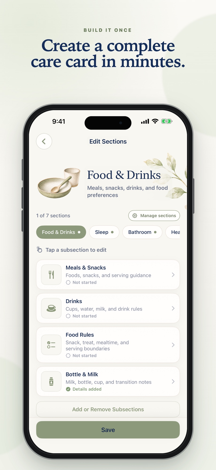 Baby Brief Care Card editor with food, sleep, bathroom, health, soothing, and supplies sections.