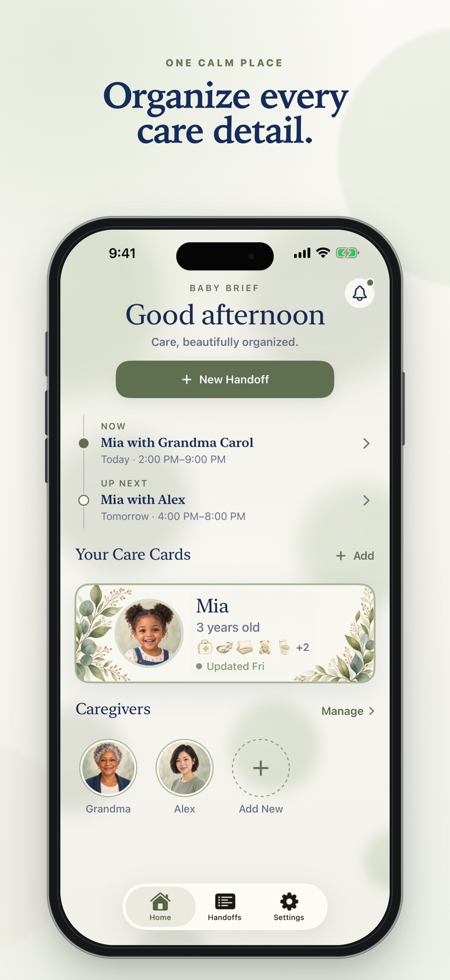 Baby Brief home screen showing handoffs, a Care Card, and caregivers organized in one place.
