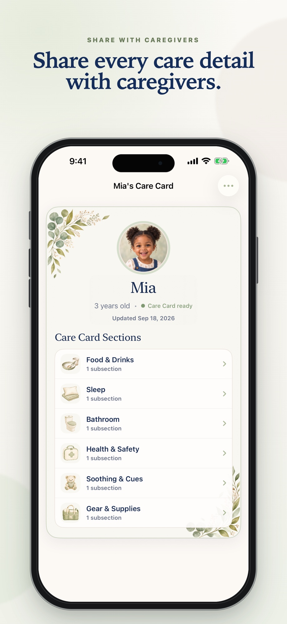 A completed Baby Brief Care Card ready to share with a caregiver.
